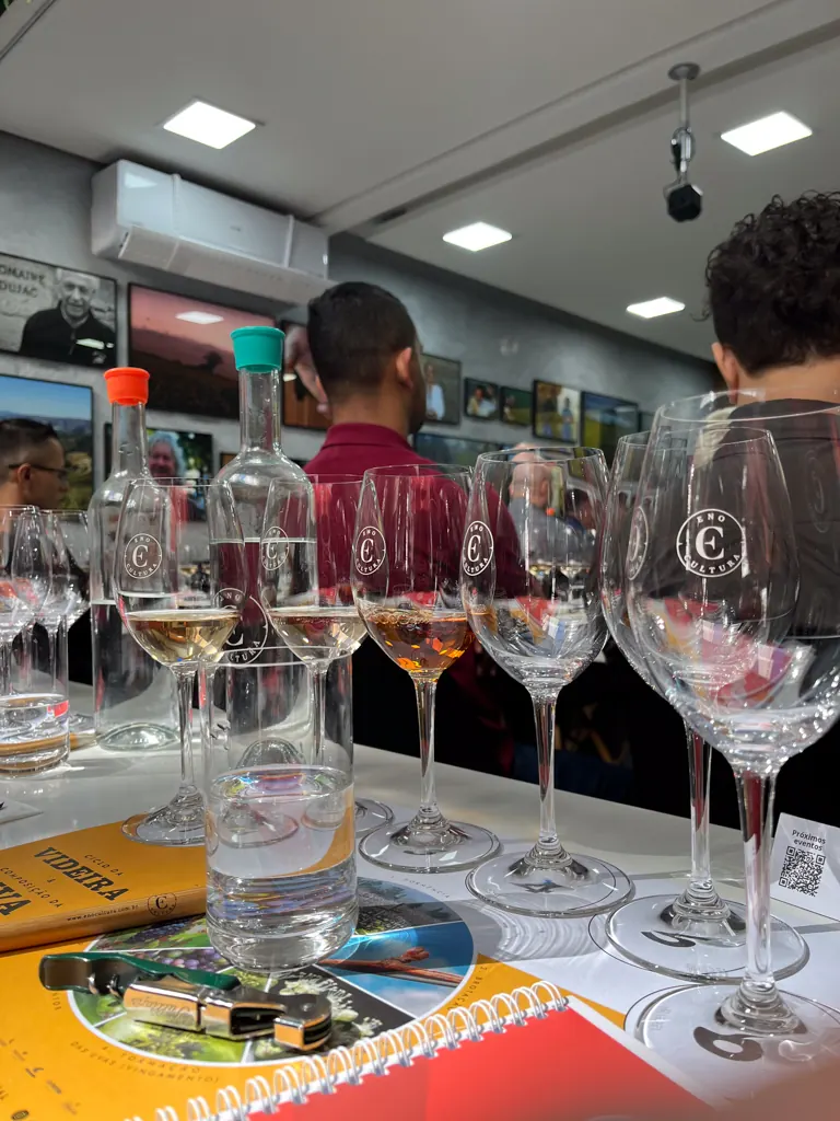 Mesa de aula do Wine for Life com taças e material de estudo